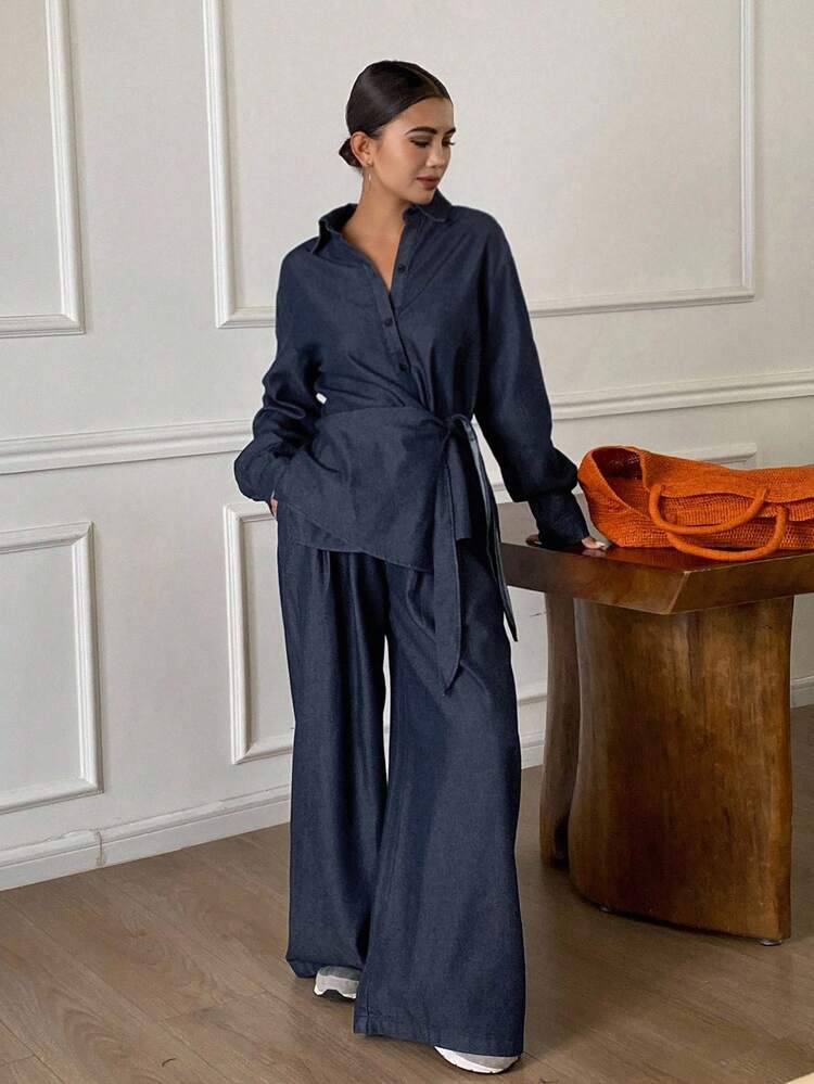 Women Tall Size Side Tie Decor Loose Denim Shirt And Straight Leg Jeans Casual Suit