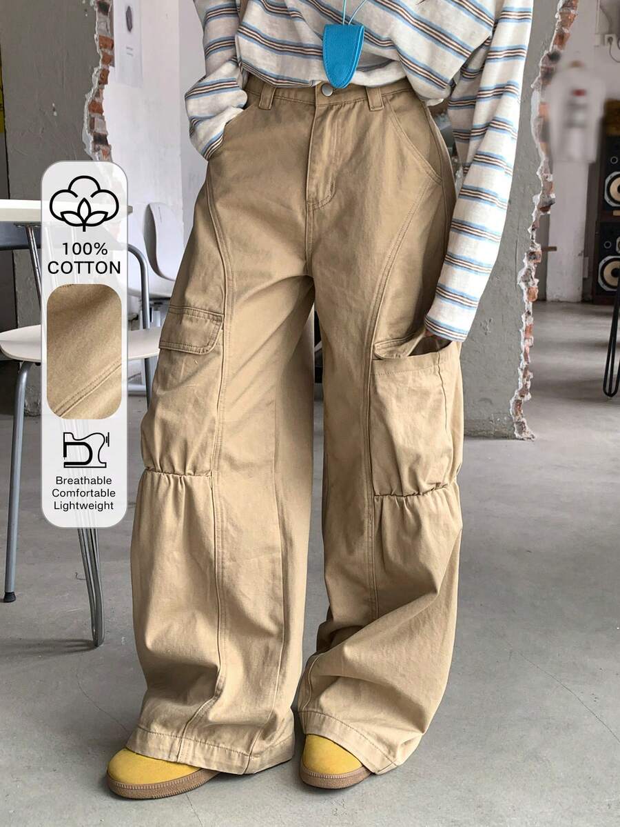 DAZY Quần jeans nữ ống đứng dáng rộng, cạp универсальный, có túi trang trí, kiểu dáng đường phố thường ngày. - Màu Khaki - Xem 1