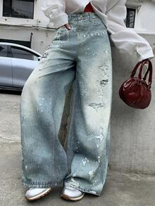 DAZY Quần jeans nữ cạp thường, in họa tiết trang trí, dáng suông, rộng rãi, phong cách Y2K - Rửa trung bình - Xem 4