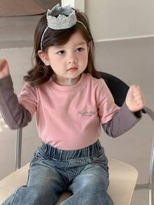 DAZY Baby Girls Round Neck Contrast Color 2 In 1 Long Sleeve Top Toddler Girls Clothes - Pink - View 7