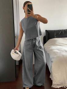 Livesso Women's Crew Neck Sleeveless Top And Drawstring Waist Wide Leg Jeans Casual Suit - Grey - View 5