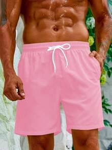 Zalmeno 男士纯色抽绳腰带口袋沙滩短裤 - 淺粉色 - 查看 3