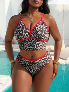 Slaydiva Plus Size Multicolor Leopard Print Lace-Up V-Neck Tankini Top & Mid-Waist Bikini Bottom Set, Sexy Mature Beach Vacation Casual Swimwear - Multicolor - View 5