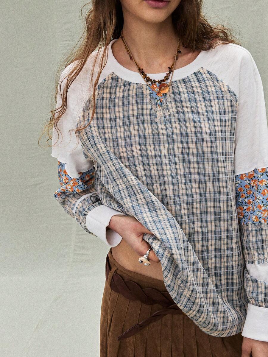 SoleilVie 女士休闲拼接格子复古圆领插肩袖卫衣，秋季款 - 彩色 - 查看 1