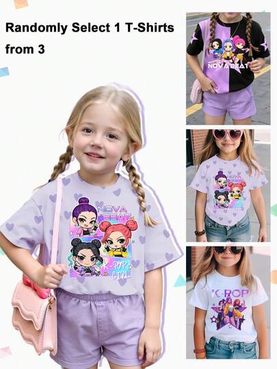 3pcs Random Assorted Young Girls' Casual Fashionable Creative Personalized Refreshing Cool Virtual Girl Group Star, Heart, Letter Graphic Print Short T-Shirt, Comfortable Daily Wear, Suitable For Spring, Summer, Autumn