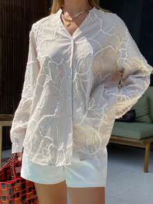 DAZY Women's Textured Fabric Loose V-Neck Long Sleeve Elegant Formal Blouse, Spring/Summer - Khaki - View 7