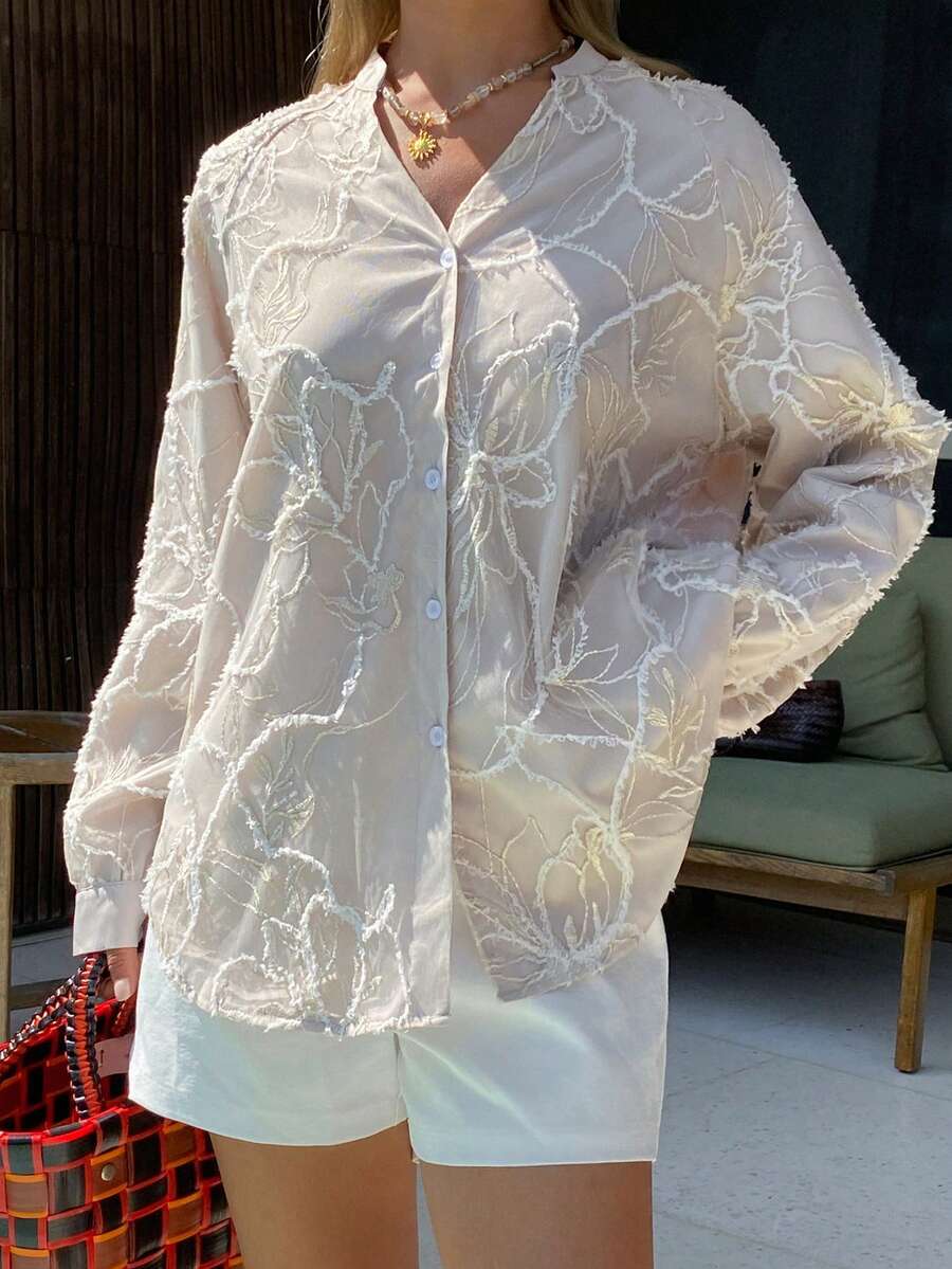 DAZY 女士纹理面料宽松V领长袖优雅正式衬衫，春夏款 - 卡其色 - 查看 1