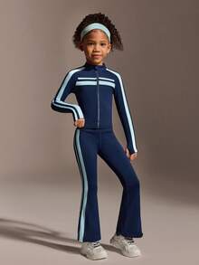 女童长袖外套和瑜伽裤套装，运动外套，健身休闲户外运动服套装，普拉提专业健身运动服套装，四向弹力面料，高弹力 - 藏蓝色 - 查看 1