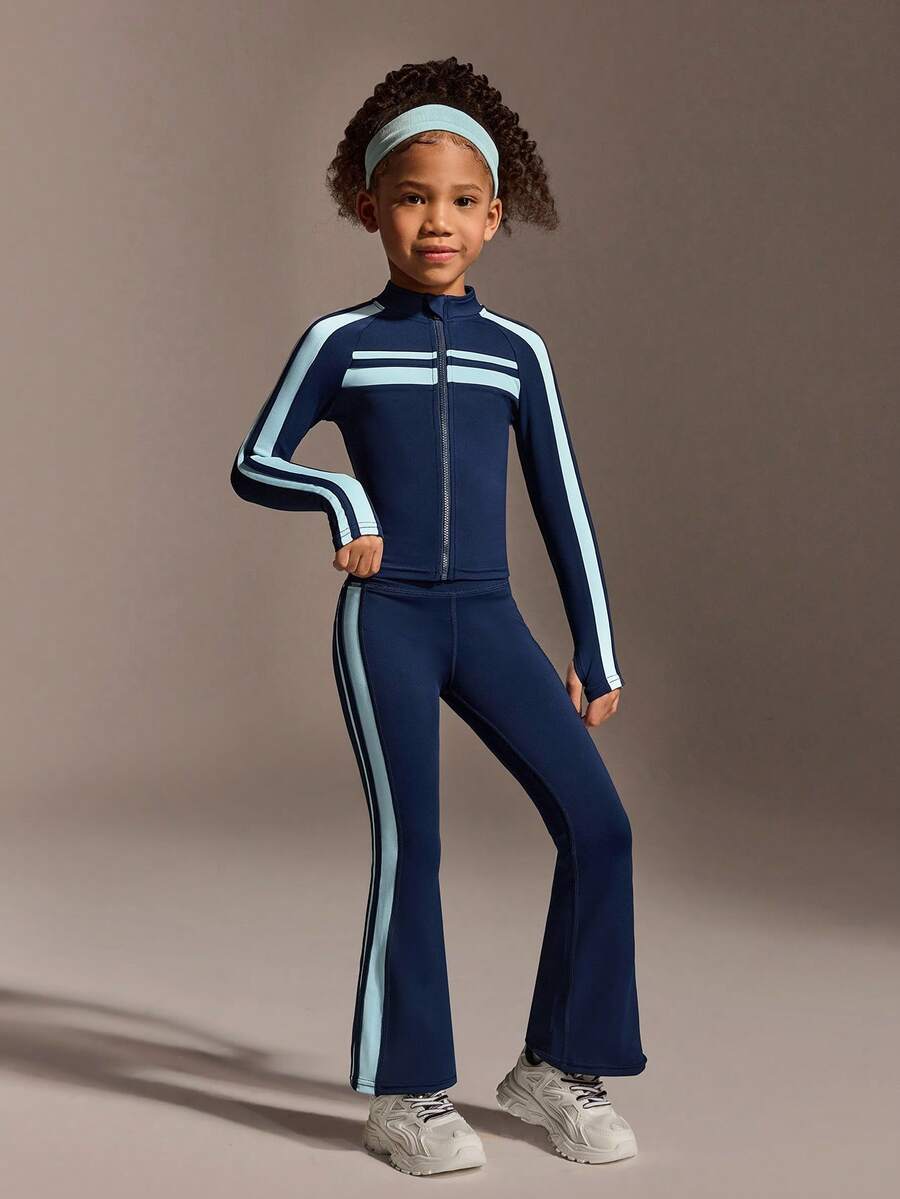 女童长袖外套和瑜伽裤套装，运动外套，健身休闲户外运动服套装，普拉提专业健身运动服套装，四向弹力面料，高弹力 - 藏蓝色 - 查看 1