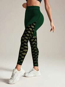 Seamluxe SHEIN Sport Women's Fashionable High Waist Splice Mesh Sports Leggings - Dark Green - View 3