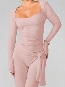 MISSGUIDED Ribbad långärmad bodycon-midiklänning med fyrkantig halsringning och knytband i sidan för kvinnor - Rosa - Visa 4