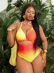 Slaydiva 2026新款加大码露背吊带渐变日落色深V侧边抽绳连体泳衣，适合海滩、度假村、水疗中心。橙色系彩色泳衣，沙滩装，连体泳衣，多色黄色吊带镂空连体泳衣，亮色连体泳衣，女士泳装，彩色泳衣，渐变色泳衣。 - 橘色 - 查看 4