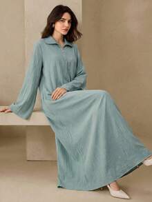 Graceveil 薄荷绿领拉链设计休闲优雅连衣裙，适合外出和约会 - 綠色 - 查看 6