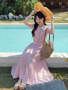 DAZY 2件套女士简约风荷叶边领连衣裙套装，韩版时尚，青春靓丽，显瘦优雅长裙 - 粉色 - 查看 5