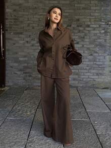 DAZY Women's Collared Side Tie Shirt And Loose Wide Leg Jeans Casual 2-Piece Suit