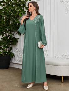 Al Najma 女式传统宴会 V 领纯色袖口 3D 花朵宽松阿拉伯连衣裙，阿拉伯连衣裙，端庄