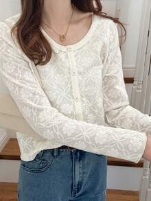 FRIFUL Women's Solid Color Layered Sheer Lace Round Neck Cardigan Sweater, Sweet Fitted Style For Spring - Beige - View 1