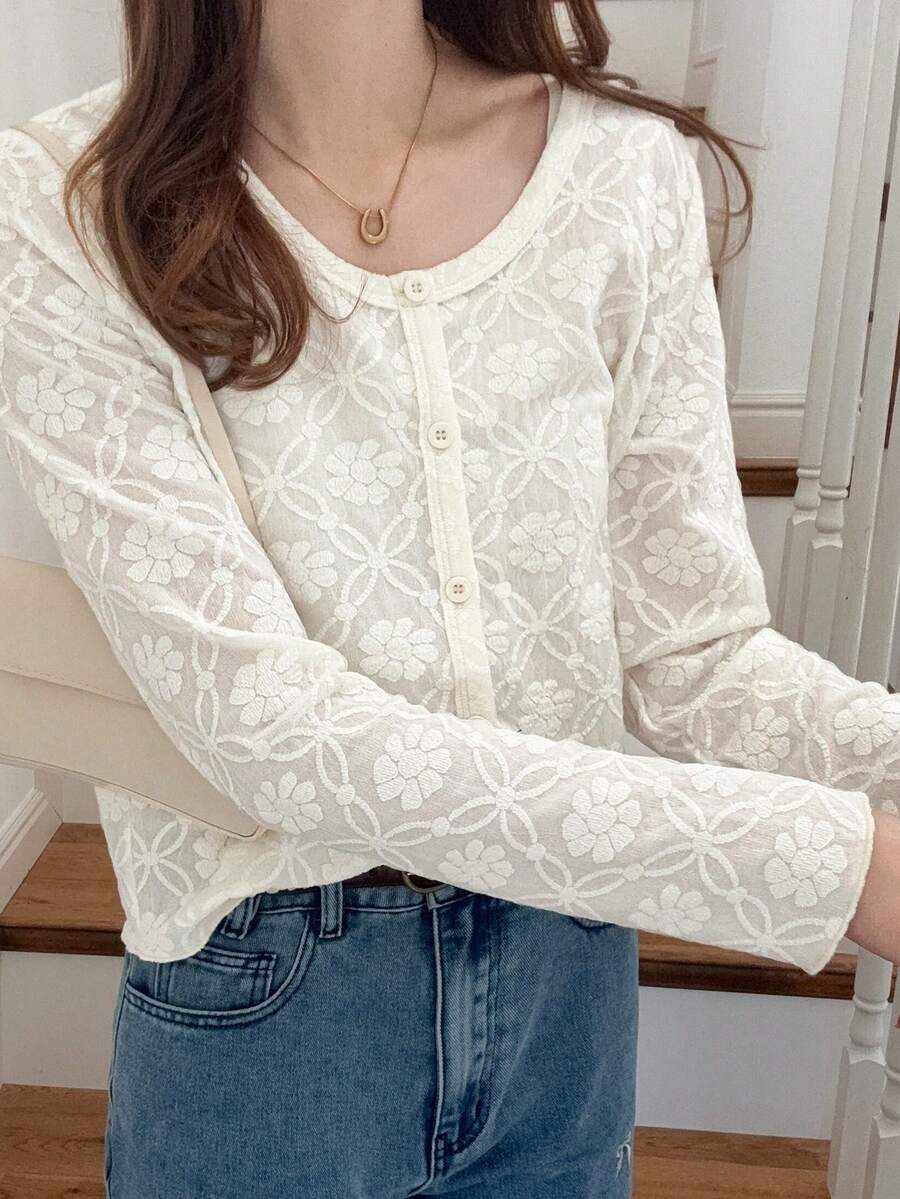 FRIFUL Women's Solid Color Layered Sheer Lace Round Neck Cardigan Sweater, Sweet Fitted Style For Spring - Beige - View 1