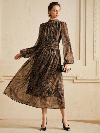 Arave 女士梭织腰果花印花面料立领插肩袖A字腰身优雅约会中长连衣裙