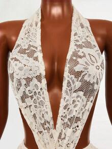 Mistrie Sexy Ladies' Lace Deep V-Neck Strap Bodysuit Pants - Apricot - View 5