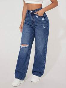 Pantalón femenino casual tipo jeans  de tiro alto con rotos y efecto lavado ajuste regular sin cuello sin mangas primavera verano uso diario pantalón - Azul 3 - Ver 2
