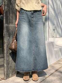 DAZY 复古牛仔裙，A字长裙，开衩设计，显瘦，女士牛仔裙 - 中等水洗藍 - 查看 9