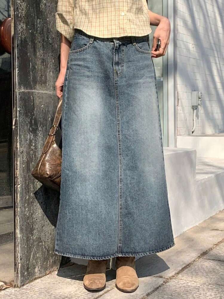 Vintage Denim Skirt, A-Line Long Skirt, Slit Design, Slimming, Women Denim Skirt