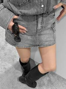 DAZY 时尚百搭工装口袋水洗牛仔迷你裙，女士款 - 灰色 - 查看 3