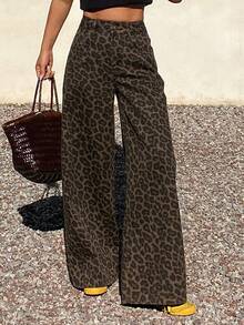 DAZY 女士常规腰围豹纹休闲宽松直筒牛仔裤 Y2k - 棕色 - 查看 8