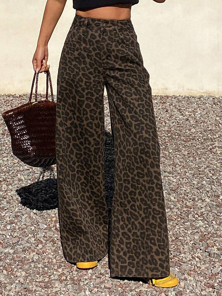 Women's Regular Waist Leopard Print Casual Loose Straight Leg Jeans Y2k