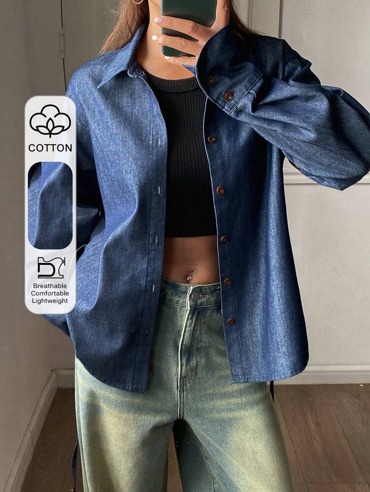 Women's Collared Cinched Cinched Waist Back Long Sleeve Casual Denim Blouse