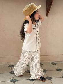 DAZY Toddler Girls' Polka Dot Loose Wide Leg Casual Pants, Versatile All-Over Print, Spring/Summer - White - View 3