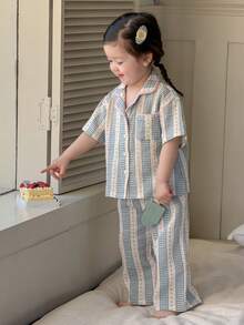 DAZY 2pcs/Set Toddler Girls' Fresh Korean Style Shirt And Pants Pajama Set - Baby Blue - View 5