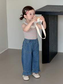 DAZY 女婴休闲日常通勤时尚撞色蕾丝弹力腰荷叶边宽松阔腿牛仔裤幼儿女童服装 - 深色水洗藍 - 查看 10