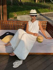 DAZY Bộ jumpsuit không tay cổ chữ V thanh lịch có túi, dáng rộng, phù hợp cho mùa xuân và mùa thu, dành cho nữ. - trắng - Xem 5