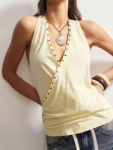 Bohemela 女士休闲纯色V领针织吊带衫 - 鵝黃色 - 查看 8