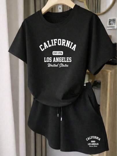 Set conjunto 2 piezas dama mujer estampado de moda camiseta playera  manga corta cuello redondo short liso estilo casual diario cómodo fresco ligero primavera verano playa calor moderno juvenil