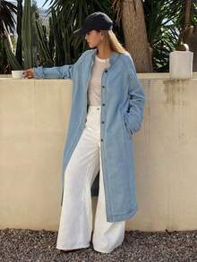 DAZY 女士立领长款系带休闲牛仔夹克外套 - 淺色水洗藍 - 查看 7