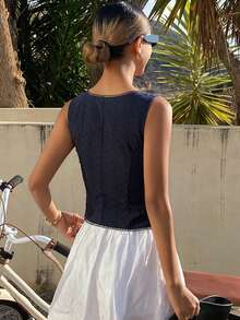 Livesso Women's Casual Sleeveless Cropped Cardigan, Bohemian , Textured Striped, Suitable For Beach, Street, Spring/Summer - Navy Blue - View 4