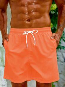 Manfinity Swimmode Men's Solid Color Casual Beach Shorts - Coral Orange - View 8