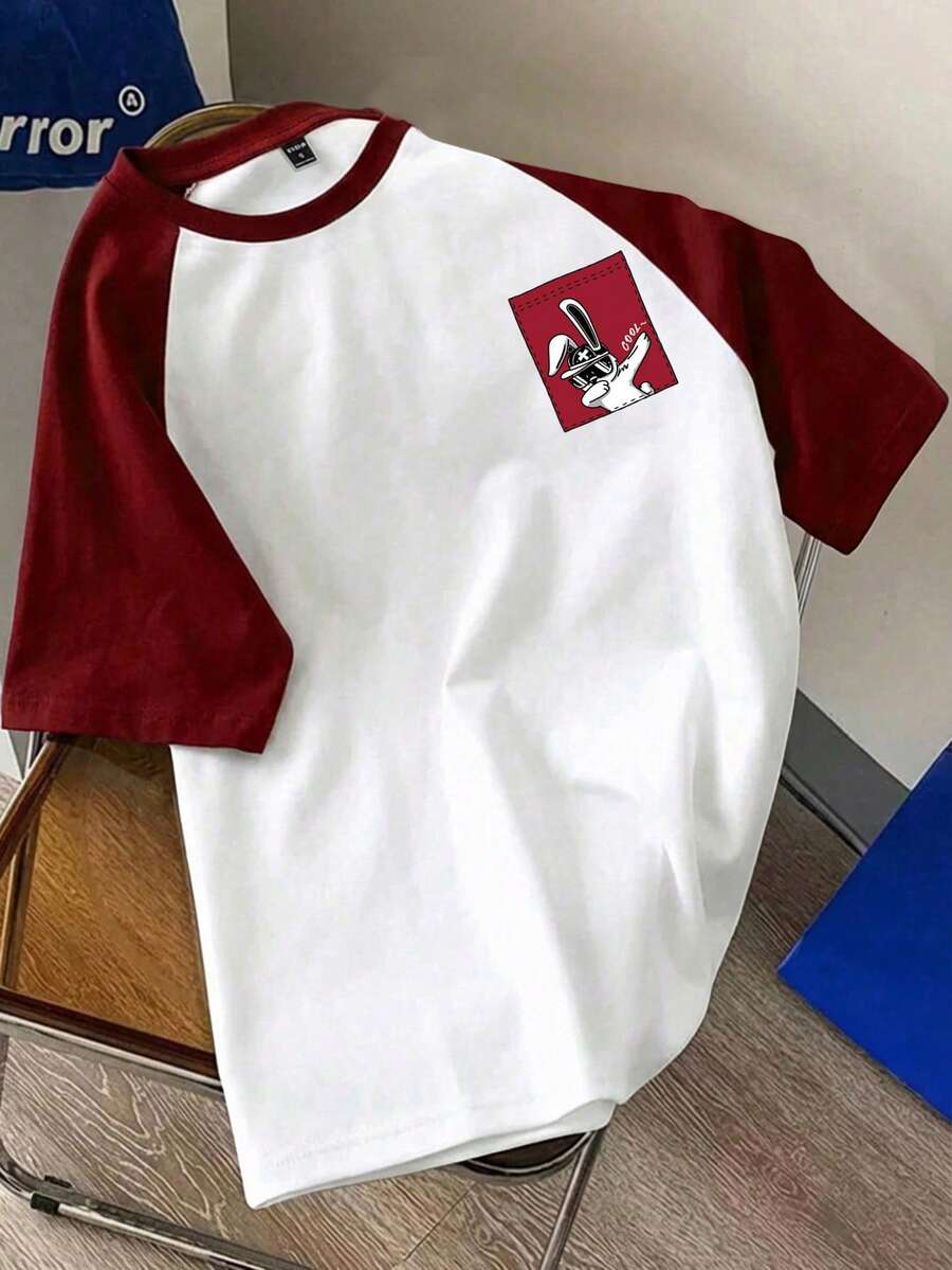 Manfinity Joysei Men's Casual Funny Rabbit Faux Pocket Print Raglan Sleeve T-Shirt, Red - Red and White - View 1