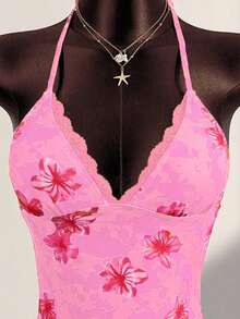 Zestiva Women's Summer Vacation Beach Floral Print Halter Tie Tankini Top Swimsuit Set - Multicolor - View 3