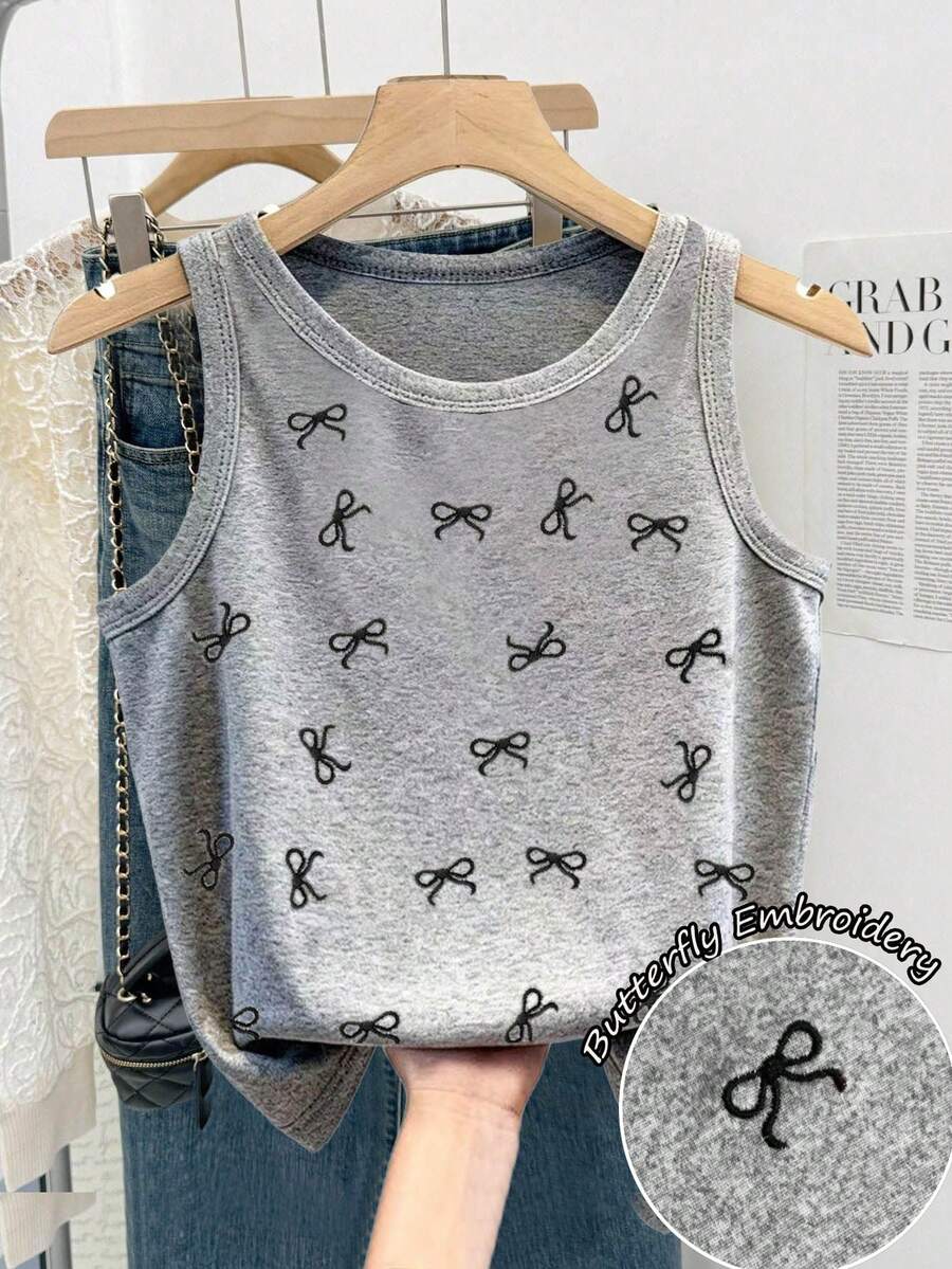 Franclia Áo không tay cỡ lớn kiểu dáng thường ngày với nơ trang trí. - Xám - Xem 1