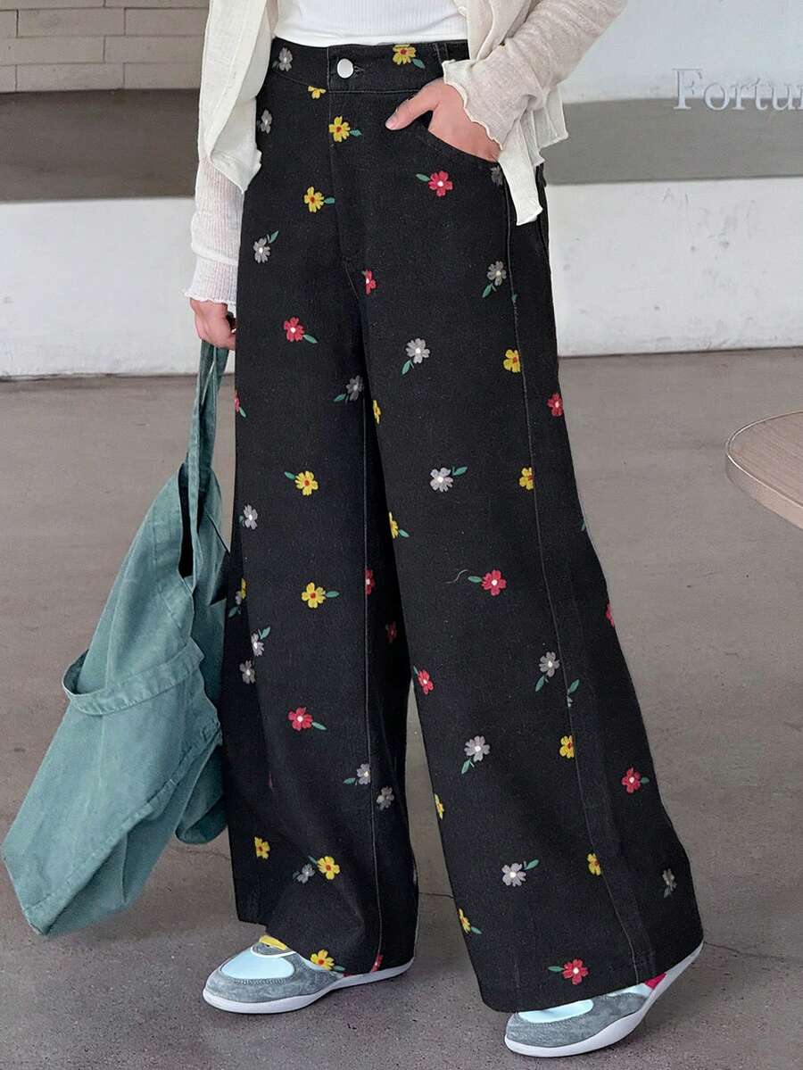 Dazy Kids Tween Girls' Casual Ditsy Floral Loose Wide Leg Pants With Slant Pockets - Grey - View 1