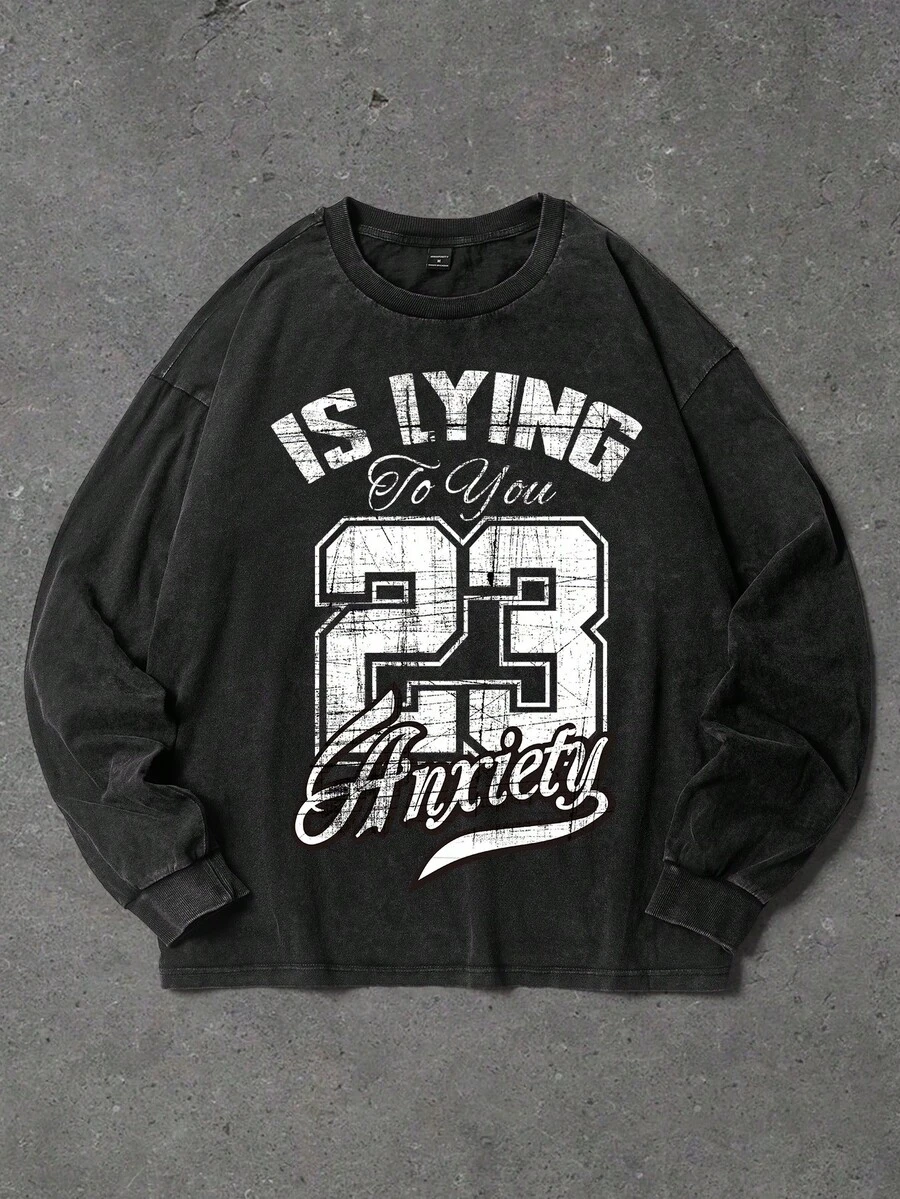 GENIUS ODE 男士休闲字母数字印花圆领长袖T恤 - 黑色 - 查看 1