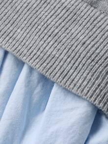 FRIFUL 女士圆领泡泡袖修身下摆拼接梭织毛衣，甜美 - 灰色 - 查看 8