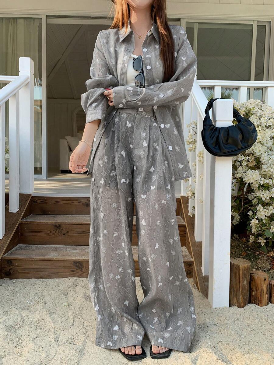 DAZY 女士休闲度假风韩版蝴蝶印花长袖衬衫和阔腿裤轻薄两件套，春夏秋季 - 灰色 - 查看 1