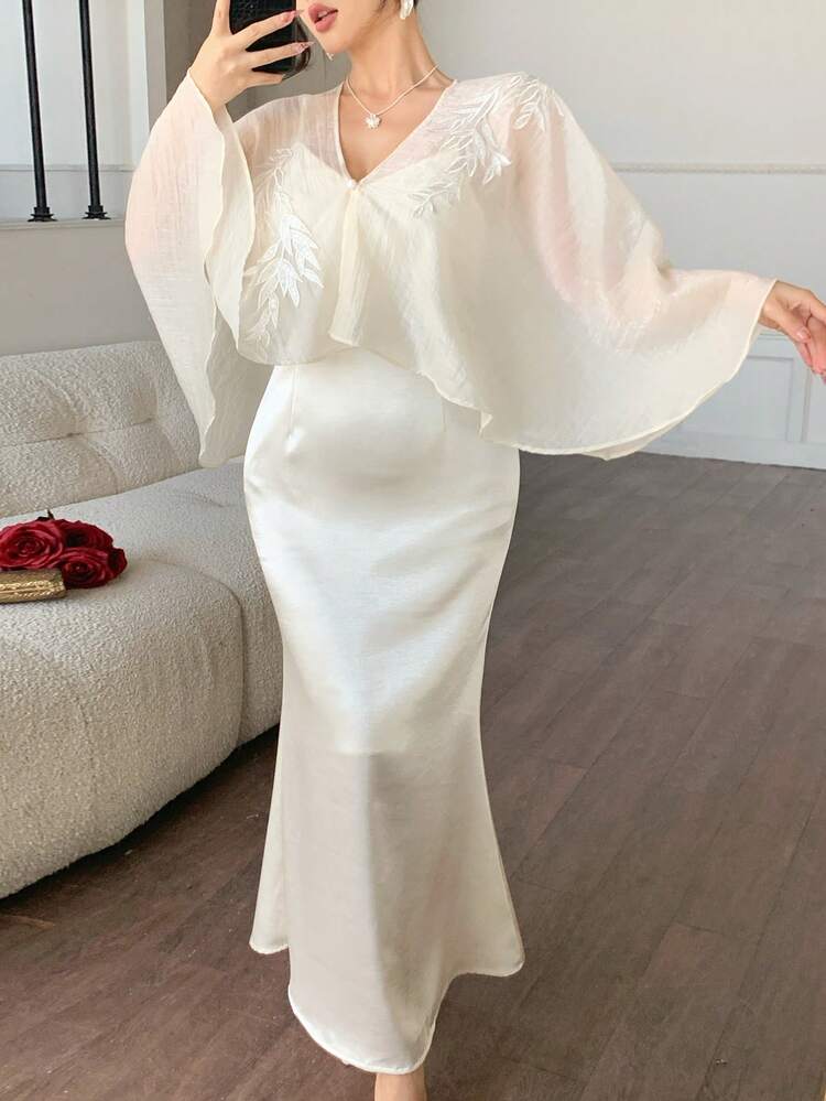 Women's Embroidered Shawl Cover Up And Satin Slip Dress Elegant 2 Pieces Set