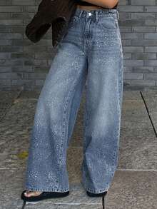 DAZY Women's Regular Waist Rhinestone Embellished Straight Loose Fit Casual Jeans Y2k - Medium Wash - View 5