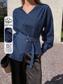 DAZY Áo sơ mi denim nữ cổ chữ V tay dài dáng rộng, thắt eo, kiểu dáng thường ngày. - Rửa trung bình - Xem 1